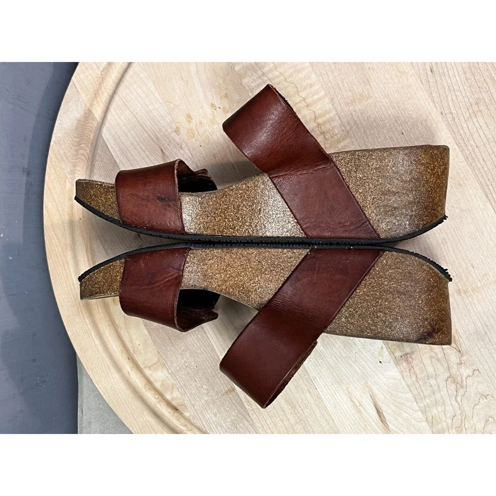 Lola‎ Sabbia for Eric Michael Sandals Womens 39 Brown Leather Cork Wedge Slide
